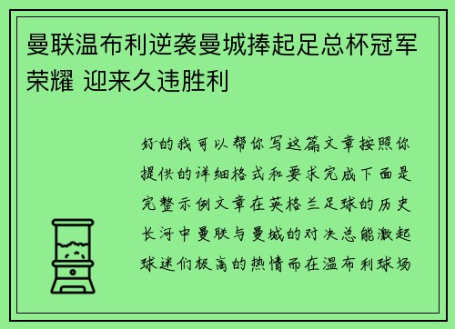 曼联温布利逆袭曼城捧起足总杯冠军荣耀 迎来久违胜利