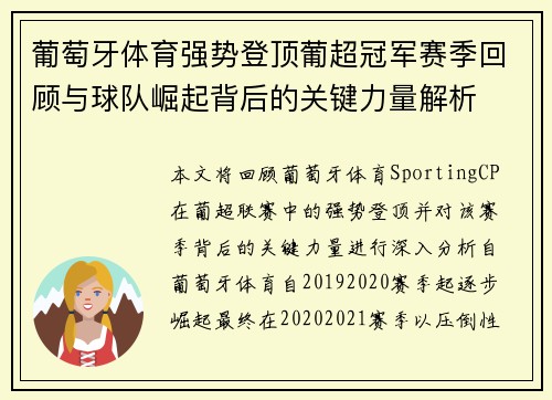 葡萄牙体育强势登顶葡超冠军赛季回顾与球队崛起背后的关键力量解析